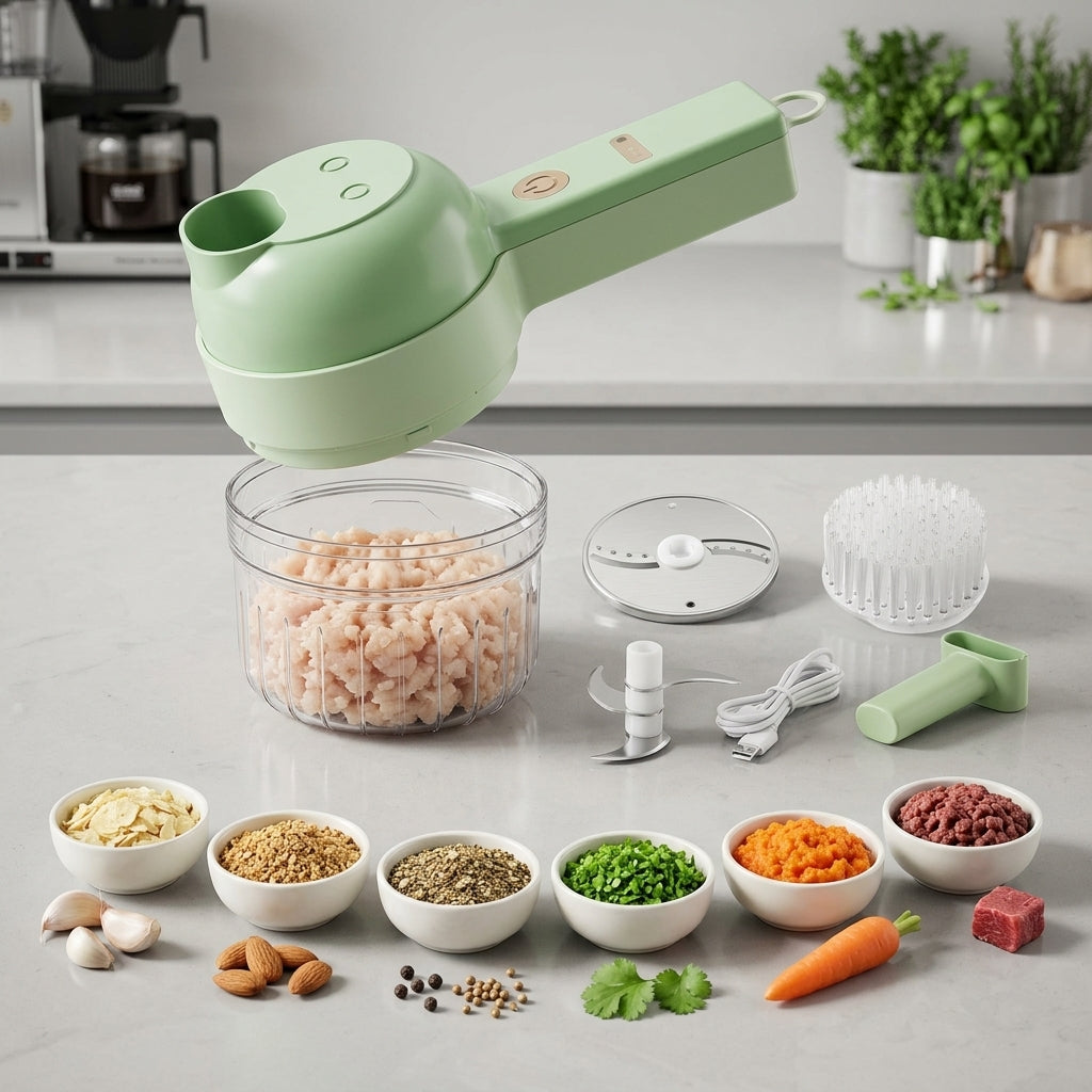 4-in-1 Portable Electric Vegetable Chopper & Food Processor – Wireless, USB Rechargeable