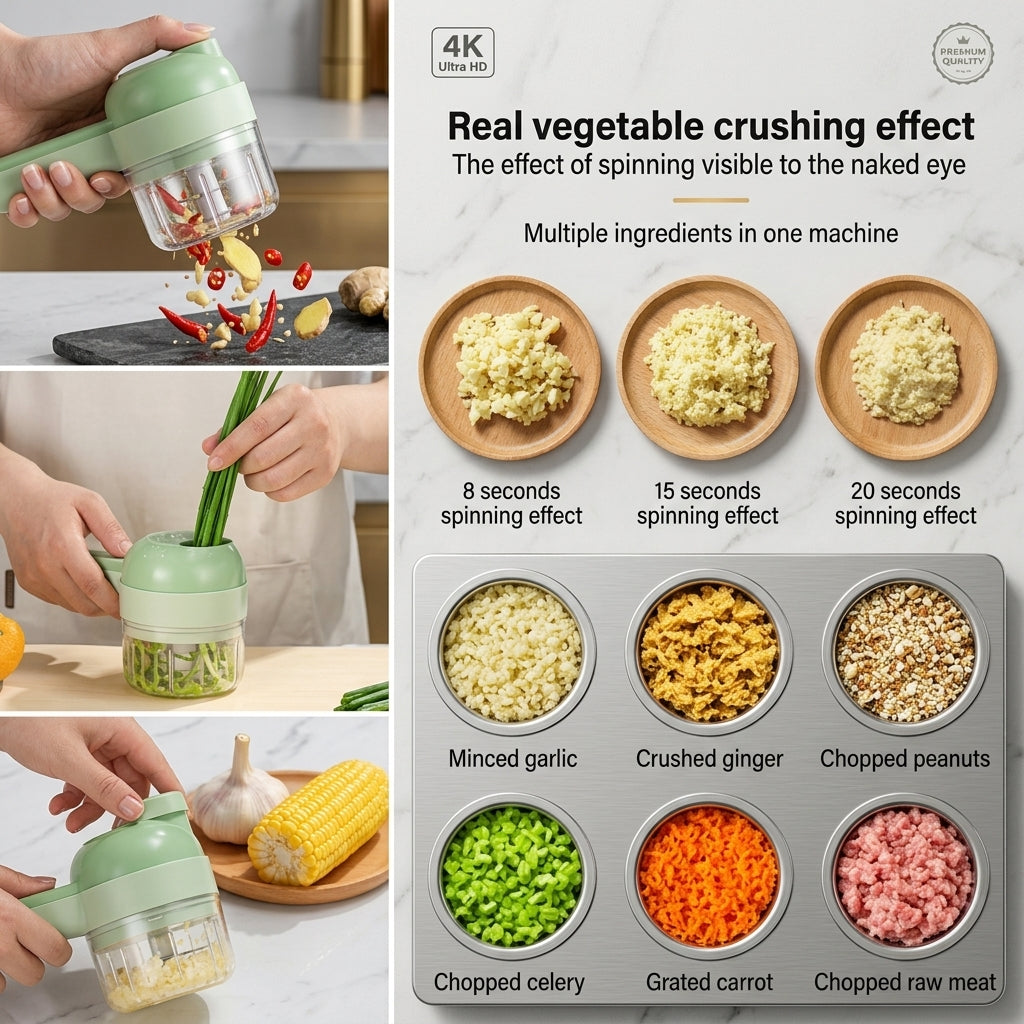 4-in-1 Portable Electric Vegetable Chopper & Food Processor – Wireless, USB Rechargeable